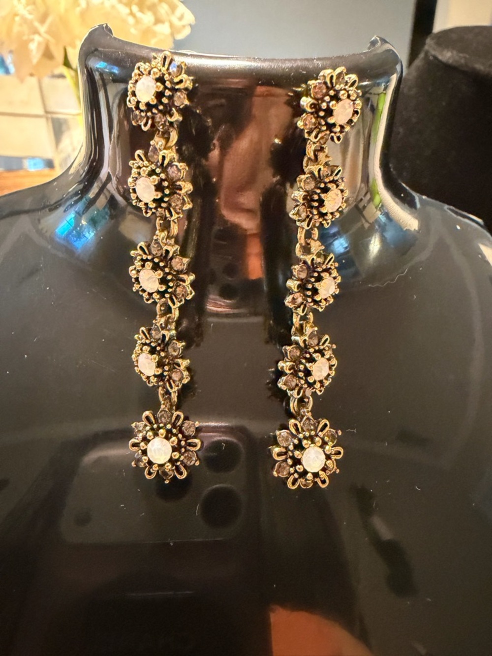 Floral Drop Crystal Earrings - Gold and White